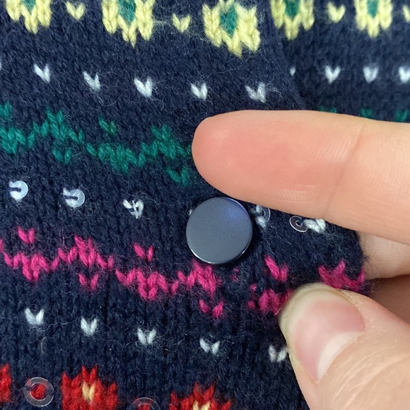 Talbots navy wool blend fair isle colorful sweater cardigan with sequins size L - Picture 7 of 13